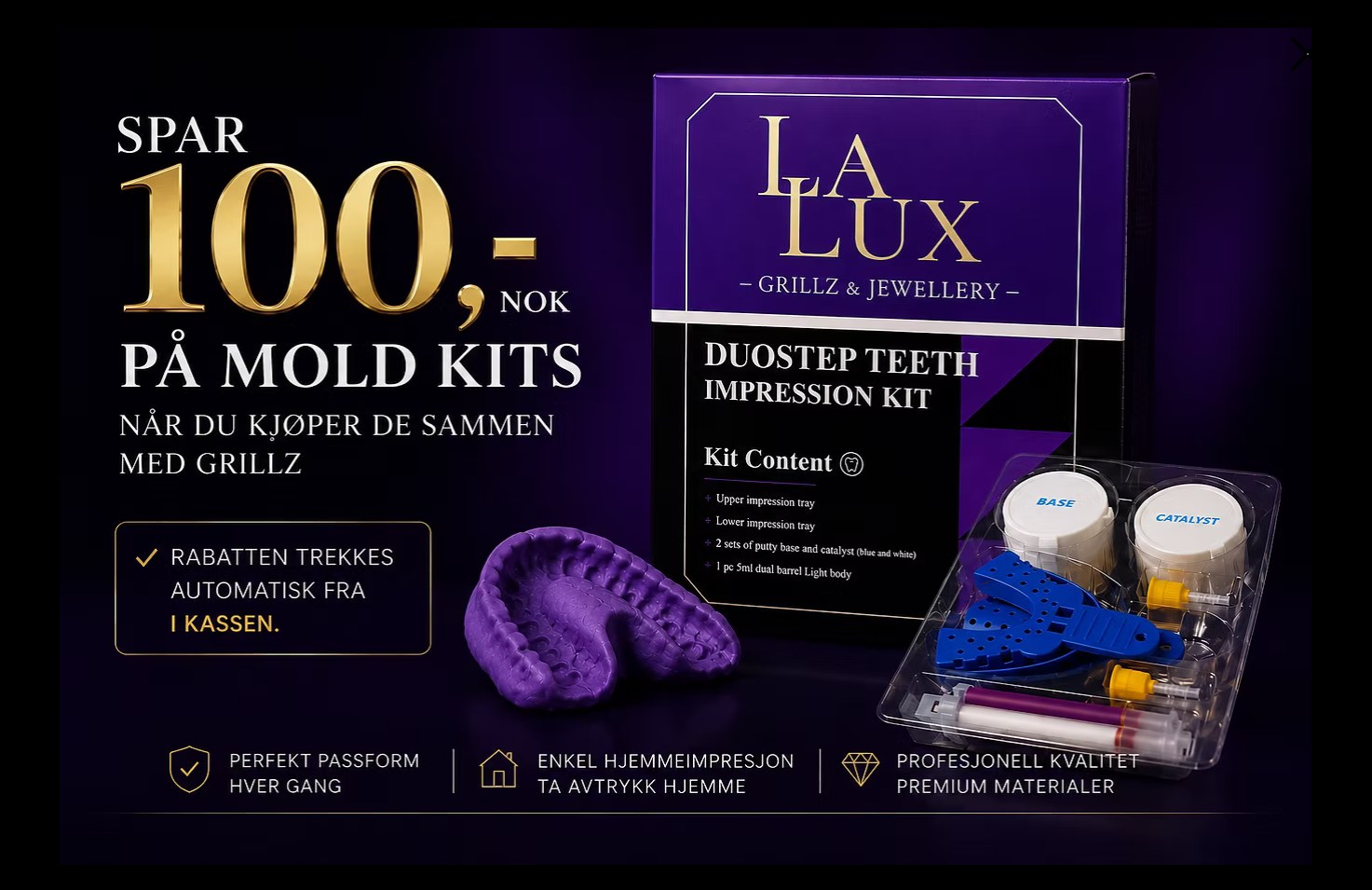 Spar 100 kroner på Grillz Mould Kit når du kjøper det sammen med grillz. Rabatten trekkes automatisk i kassen.